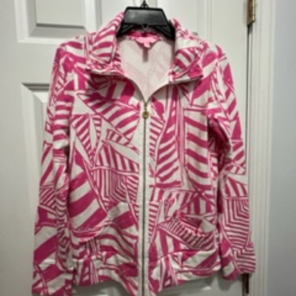 Lilly Pulitzer medium leona zip up capri pink yatch sea sweatshirt long sleeves